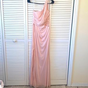 One-shoulder pale pink gown (David’s Bridal)